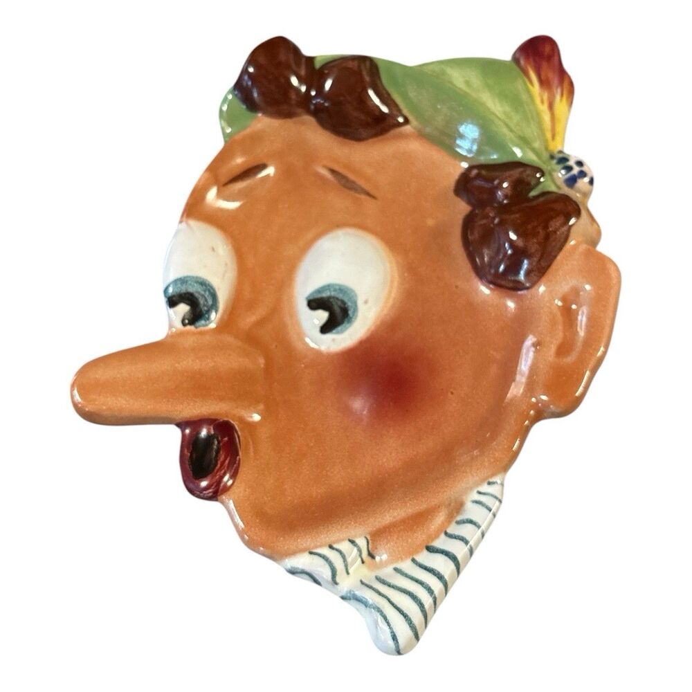 Vtg Italian Pinocchio Ceramic Wall Pocket Plate Decor Hand Painted Italy 7”